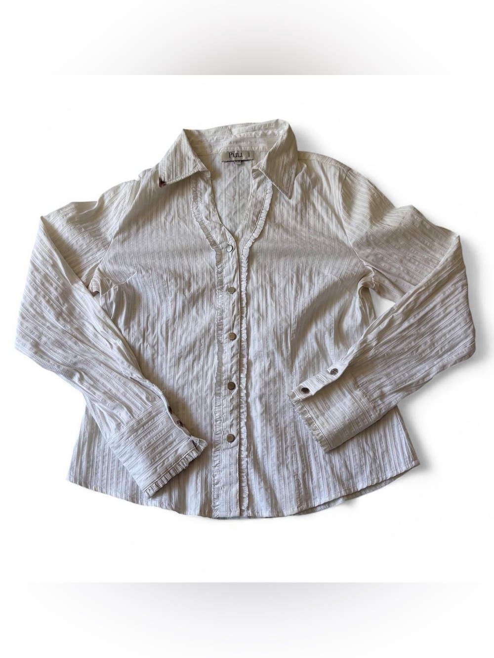 White button down ruffle blouse